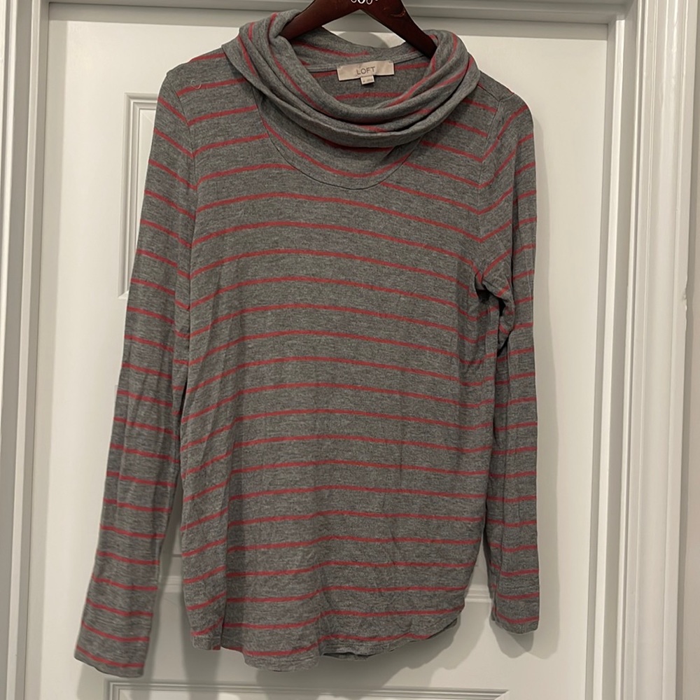 LOFT gray and pink striped cowl neck long sleeve top